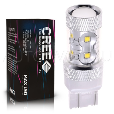 Светодиодная лампа W21/5W 7443 - 10 CREE Линза 50Вт