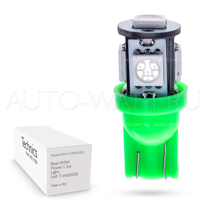 Светодиодная лампа W5W T10 – 5 SMD5050 1.2Вт Зелёный