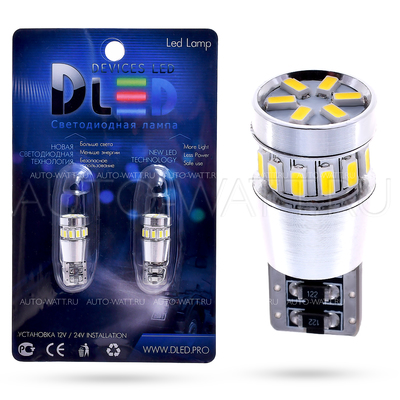 Светодиодная лампа W5W T10 – 18 SMD3014 2.4Вт С обманкой Белая (2шт)