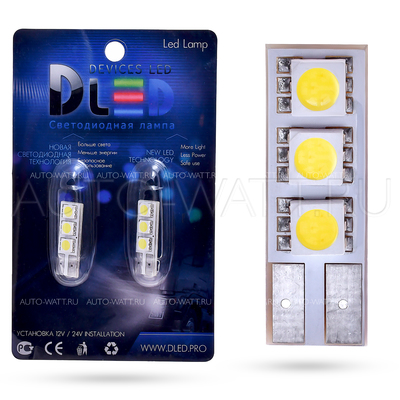 Светодиодная лампа W5W T10 – 3 SMD5050 Односторонняя 0.72Вт Белая