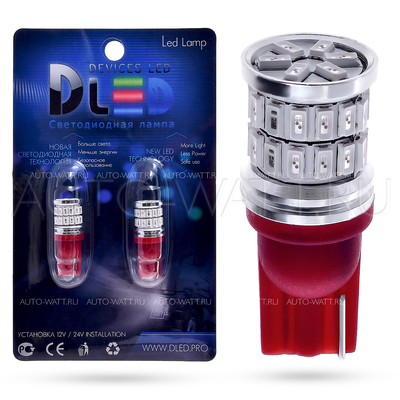 Светодиодная лампа W5W T10 – 36 SMD3014 9Вт Красная