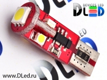 Светодиодная лампа W5W T10 – 4 SMD3528 1 SMD5050 Обманка Стабилизатор Red 0.48Вт Белая