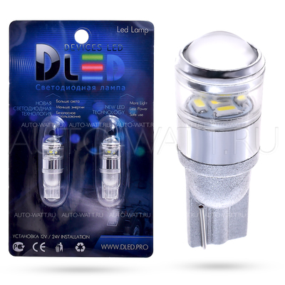 Светодиодная лампа W5W T10 – 5 SMD3010 + Линза Хром 5Вт Белая