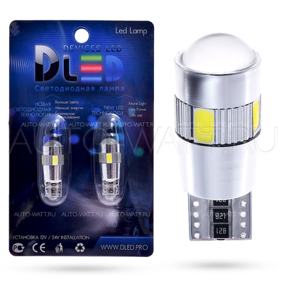Светодиодная лампа W5W T10 – 6 SMD5630 Линза Обманка 2.4Вт Белая
