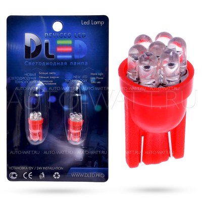 Светодиодная лампа W5W T10 – 7 Dip Led 0.4Вт Красная