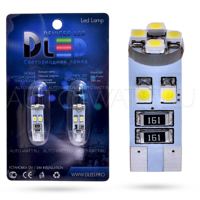 Светодиодная лампа W5W T10 – 8 SMD3528 Стабилизатор 0.64Вт Белая