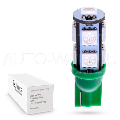 Светодиодная лампа W5W T10 – 9 SMD5050 2.16Вт Зелёная